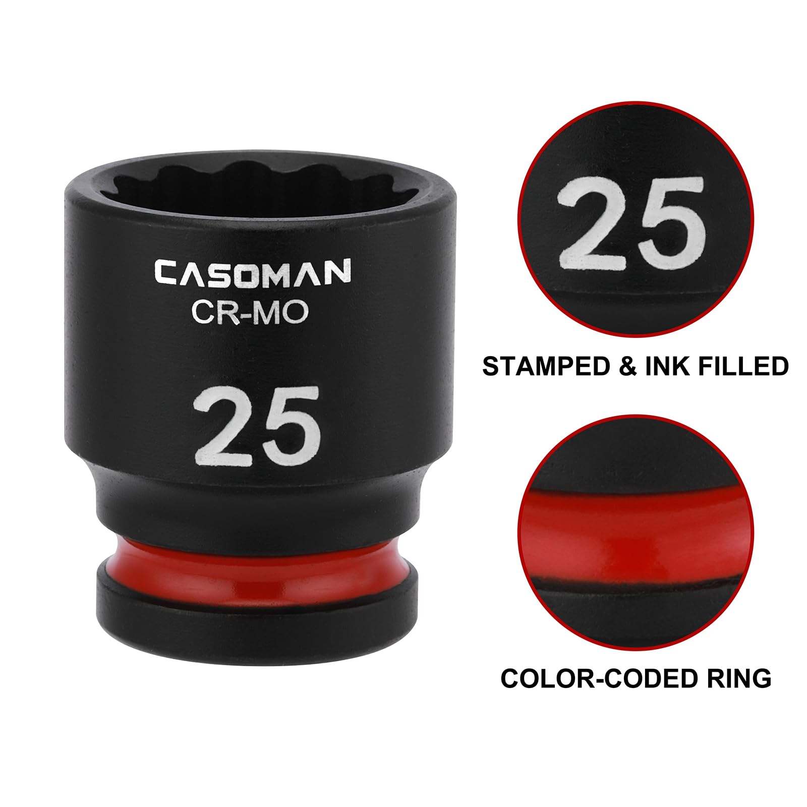 CASOMAN Set di 26 chiavi a bussola a percussione standard da 1/2", 12 punti, metriche, 10-36 mm, in acciaio CR-MO, con custodia