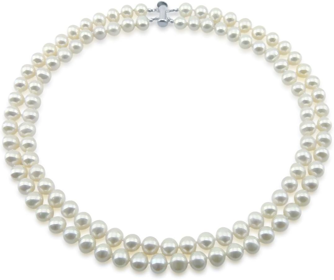 Sterling Silver 2 Rows 8-9mm White Freshwater Cultured Pearl High Luster Necklace 17"-18"