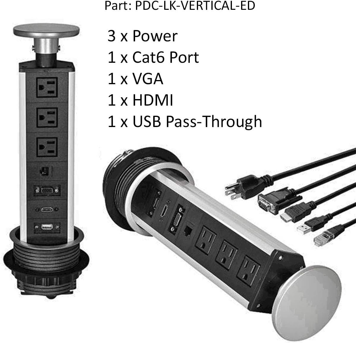Vertical Tabletop Power, Video and Data Center - 3 Power, 1 CAT6 RJ45, 1 VGA, 1 HDMI, 1 USB Passthrough