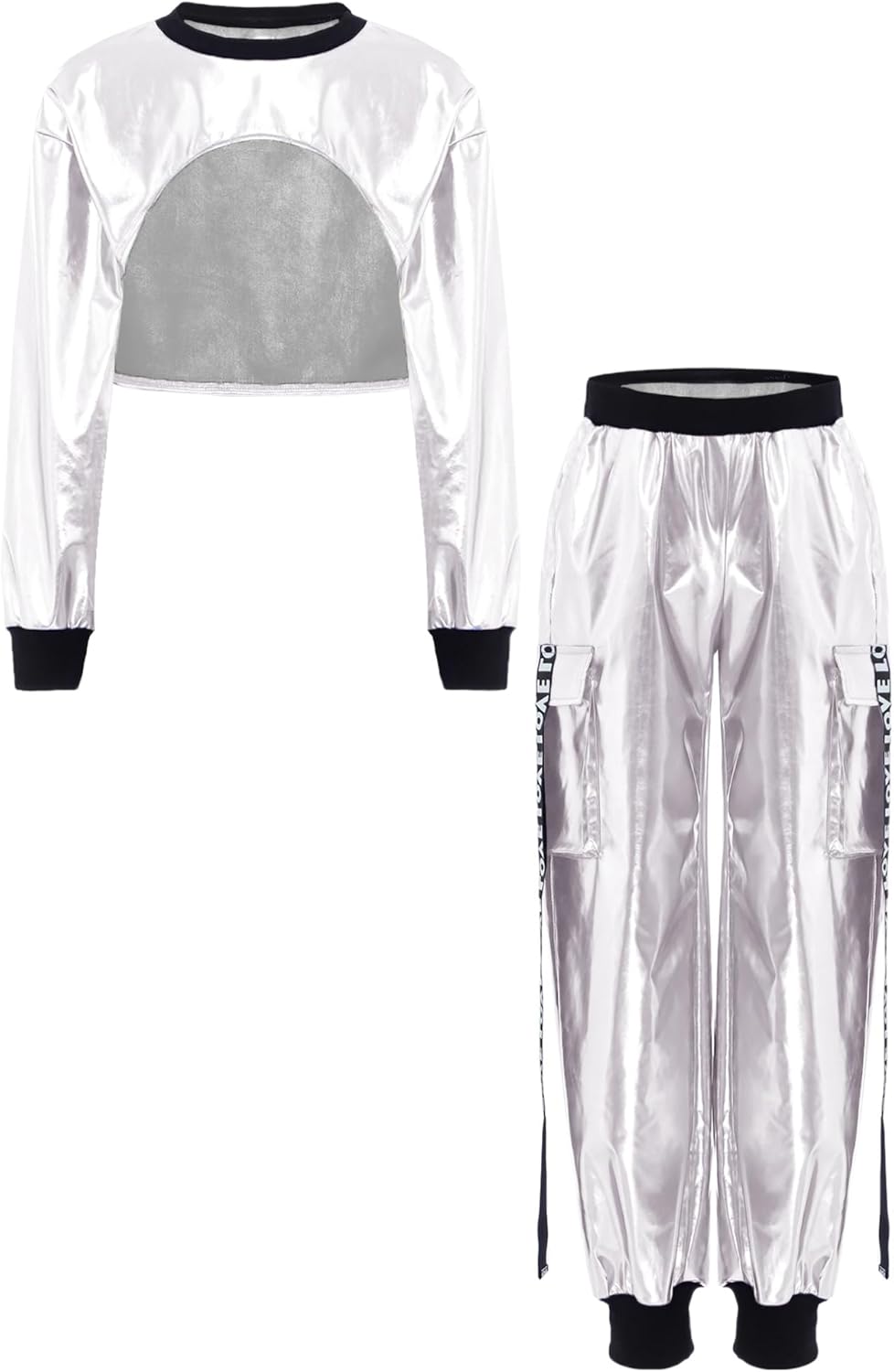 renvena Girls Long Sleeve Metallic Crop Tops Hip Hop Dance High Waist Pants Fashion Disco Clubwear for Kids Ivory 16 Years