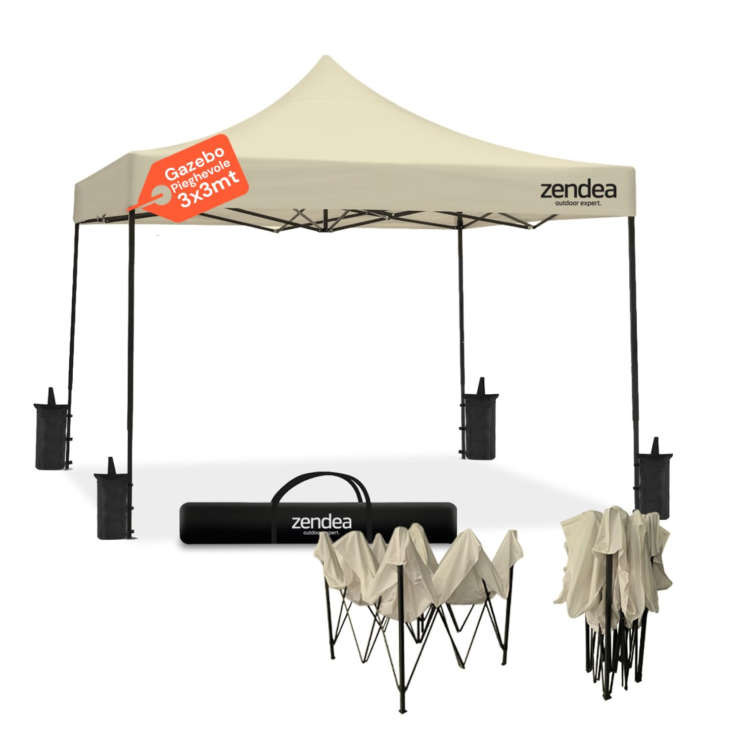 Zendea - Gazebo Beige 3x3 Pieghevole Impermeabile con Struttura Rinforzata e Copertura Oxford 600D PVC, Montaggio Rapido a Fisarmonica per Giardino ed Eventi, 4 Sacchi Stabilità Inclusi
