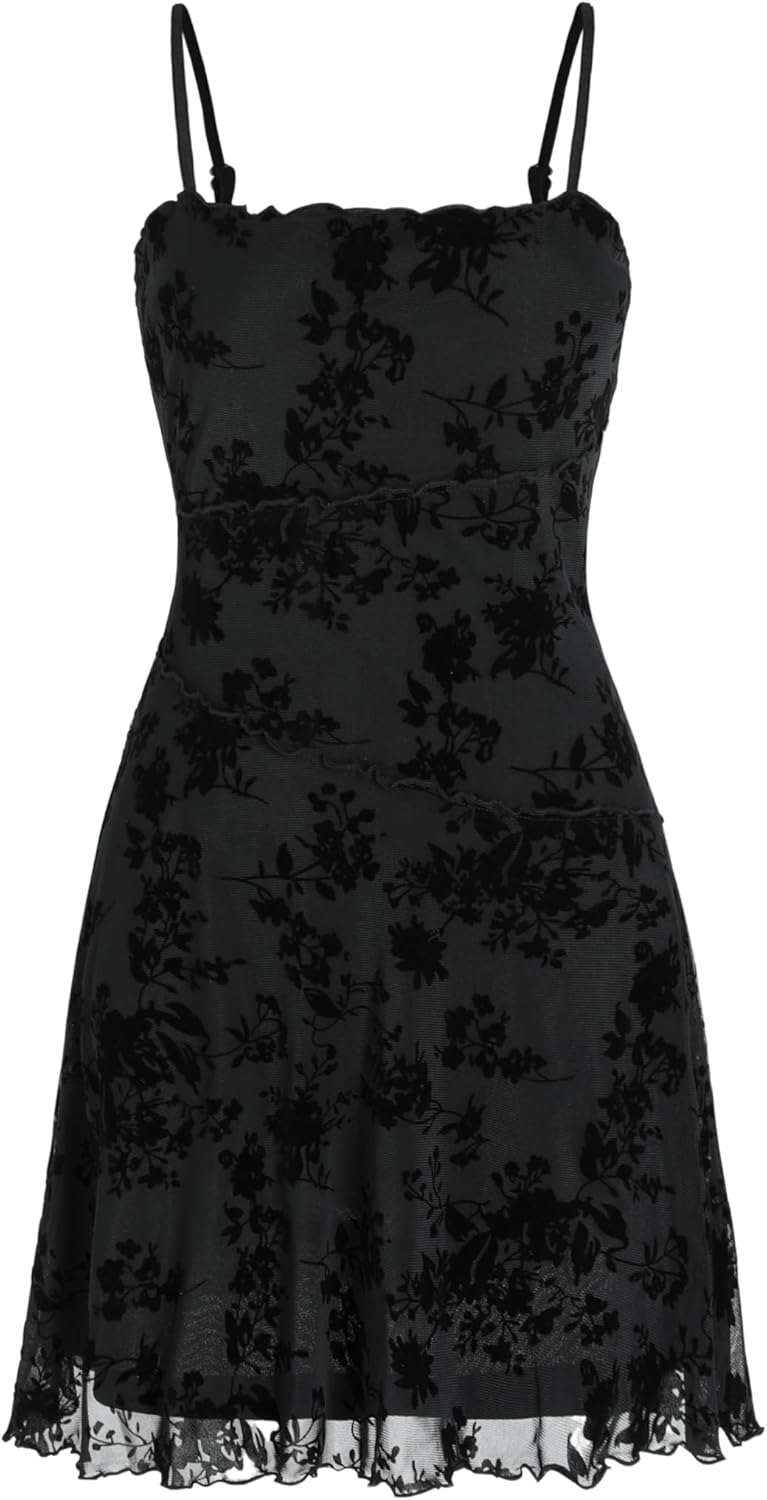 CIDER Women's Gothic Dresses Summer Mini Dress Lace Mesh Square Neck Sleeveless Spaghetti Strap Party Goth Y2K Fall