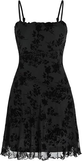 CIDER Women's Gothic Dresses Summer Mini Dress Lace Mesh Square Neck Sleeveless Spaghetti Strap Party Goth Y2K Fall