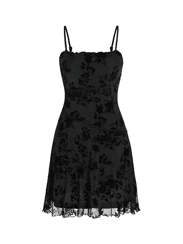 CIDER Women's Gothic Dresses Summer Mini Dress Lace Mesh Square Neck Sleeveless Spaghetti Strap Party Goth Y2K Fall - Medium - Black