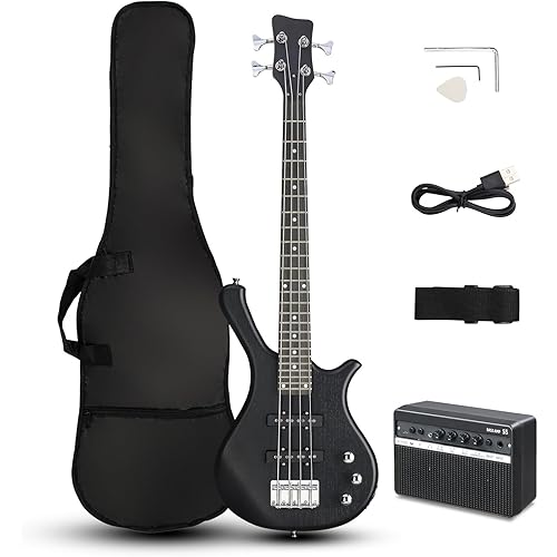 Ktaxon 36 Inch Bass Guitar 4 String Electric Bass Guitar with Dual Connectivity & Portable Power 15W Amp, Excellent Tone, Exquisite Craftsmanship and Ergonomic Body Design for Beginner(Black)