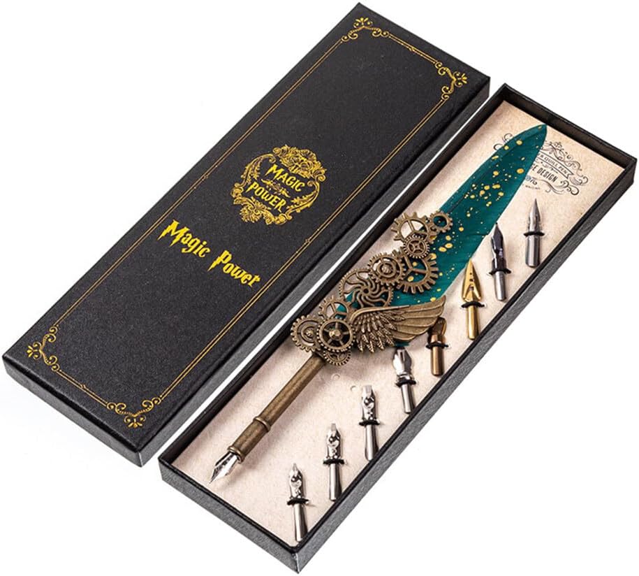 Antique Quill Pen Steampunk Style Feather Calligraphy Dip Pen with 8 Replacement Nibs Signature Pen Writing Supplies Gift Set