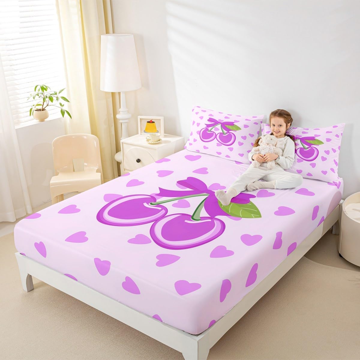 Kawaii Oriental Cherry Kids Fitted Sheet Twin Size Girls Princess Bed Sheet Set for Boys Girls Teens Bedroom Decor Hearts Bedding Set Cute Fruit Breathable Soft Lightweight Microfiber 2Pcs