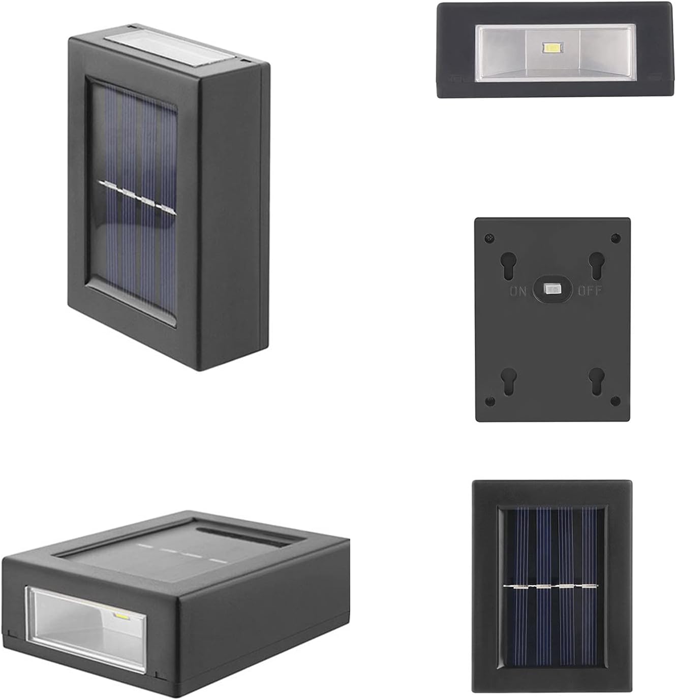 Exploded view of the solar wall light showing its internal components, solar panel, and LED light source.