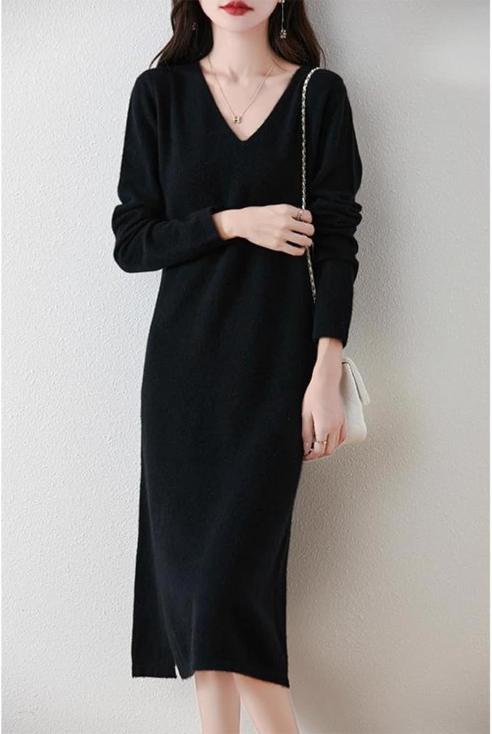 LIXINGHEITANG V-Neck Knitted Dress Women's Wool Loose mid-Length Cashmere Sweater