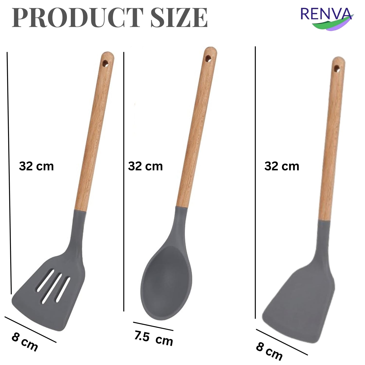 Renva Big Silicone Spatula Set of 3 with Wooden Handle (Grey, 3) thumbnail 2