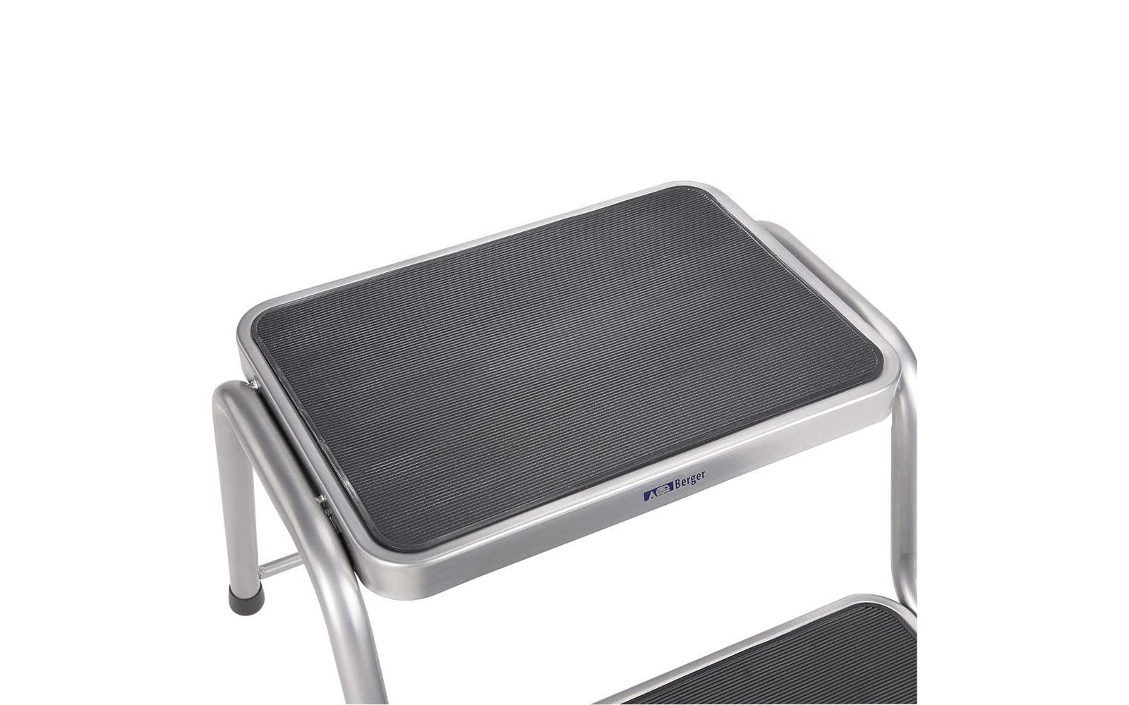 BERGER | Escalera Dos peldaños, Taburete 2 peldaños para Caravana, Peldaño Caravana, Escalon Autocaravana y Caravana, Taburete de Acero Plata/Negro escalón Antideslizante y Resistente