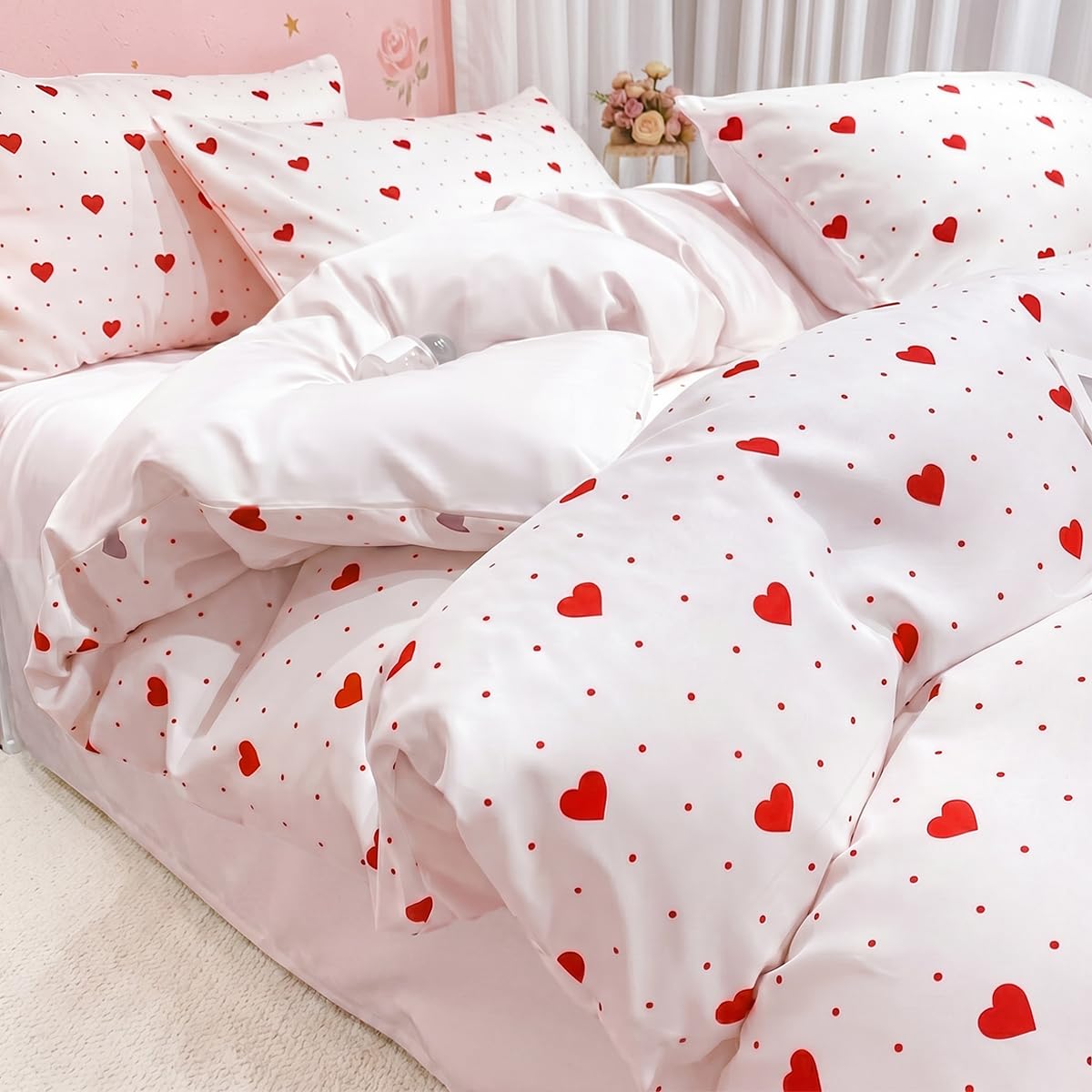 Nesture Bettwäsche 140x200 Mädchen Weiß Rot Herzen, Kinder Bettwäsche-Sets Microfaser Bettbezug 140 x 200cm 2teilig bügelfrei & weich - 1 Wendebettwäsche und 1 Kissenbezug 80x80 mit Reißverschluss