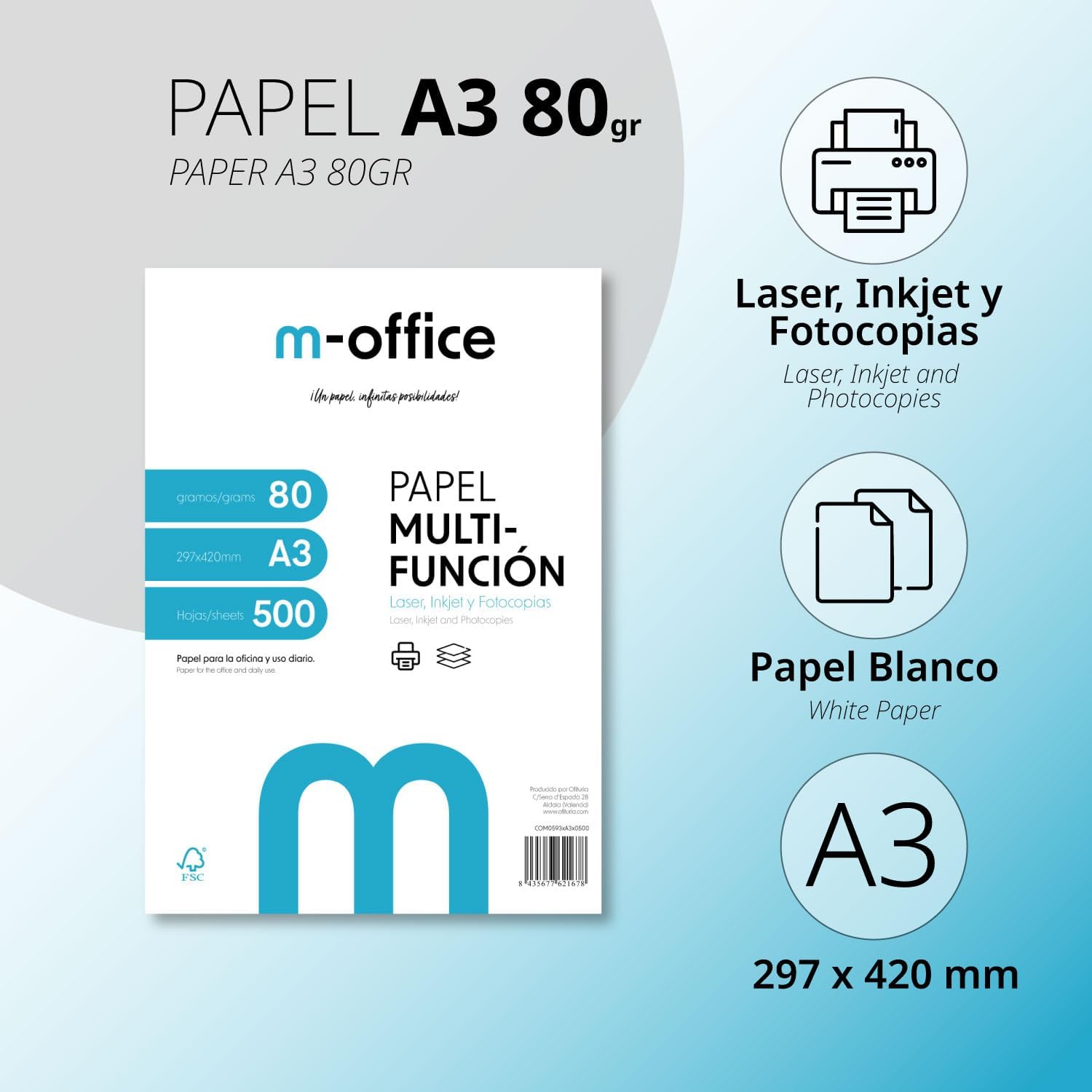 A3 80 g Pack of 100 Sheets Multi-Purpose Paper for Inkjet and Laser Printers A3 Sheets 297 x 420 mm Ideal for Office and Home · m-office (100 Sheets)