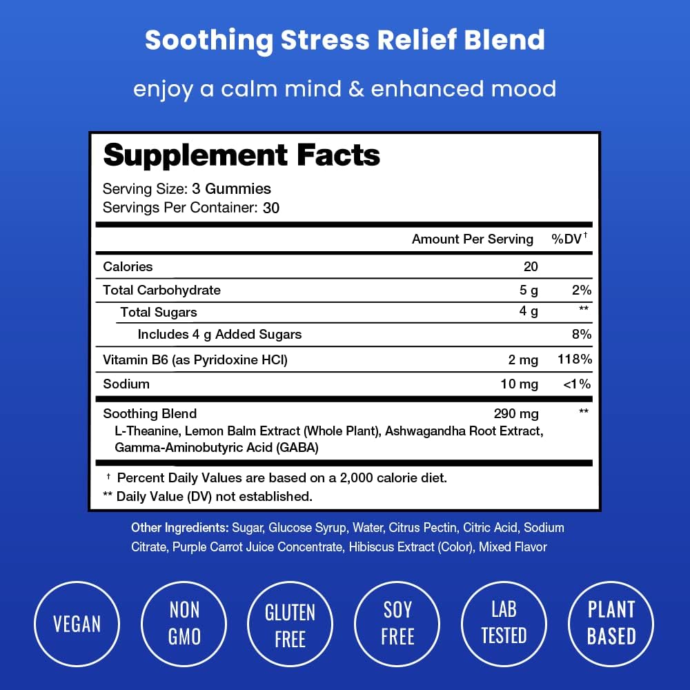 Calm Gummies | Stress Gummies Supplement with Ashwagandha, L-Theanine, GABA, Vitamin B6 & Lemon Balm | Supports Mood, Focus & Stress Relief | Vegan & Non-GMO | Natural Berry | 90 Gummies (2 Pack)