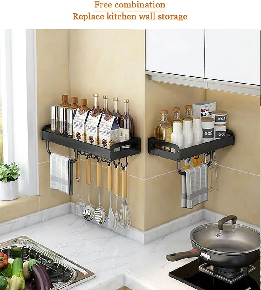 FOTN Carbon steel Kitchen utensils seasoning spice storage rack, wall mounted oil, salt, sauce and vinegar condiment storage rack, Bathroom toiletries organizer with Towel bar and hooks