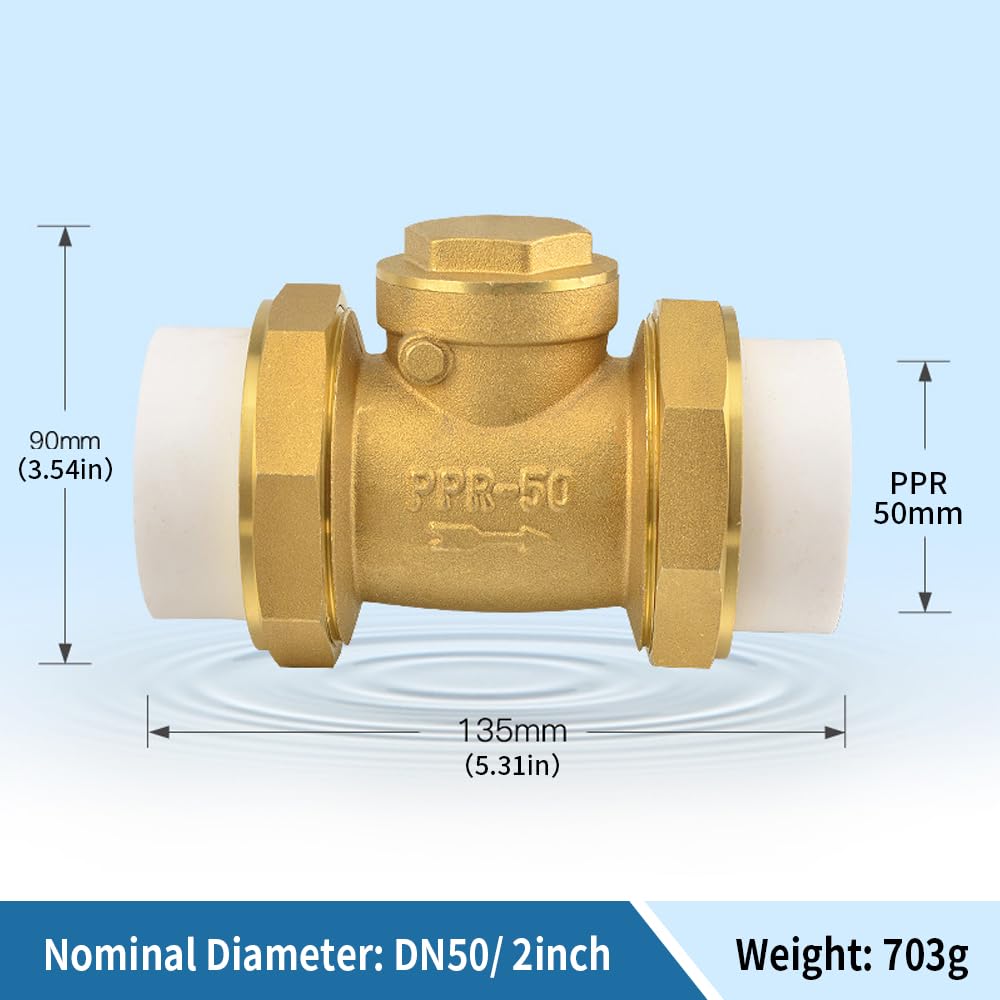 Clapet anti-retour, Clapet anti-retour en laiton Diamètre 50 mm Longueur 145 mm Pression nominale 16 Mpa Connexion par fusion à chaud Clapet anti-retour unidirectionnel PPR
