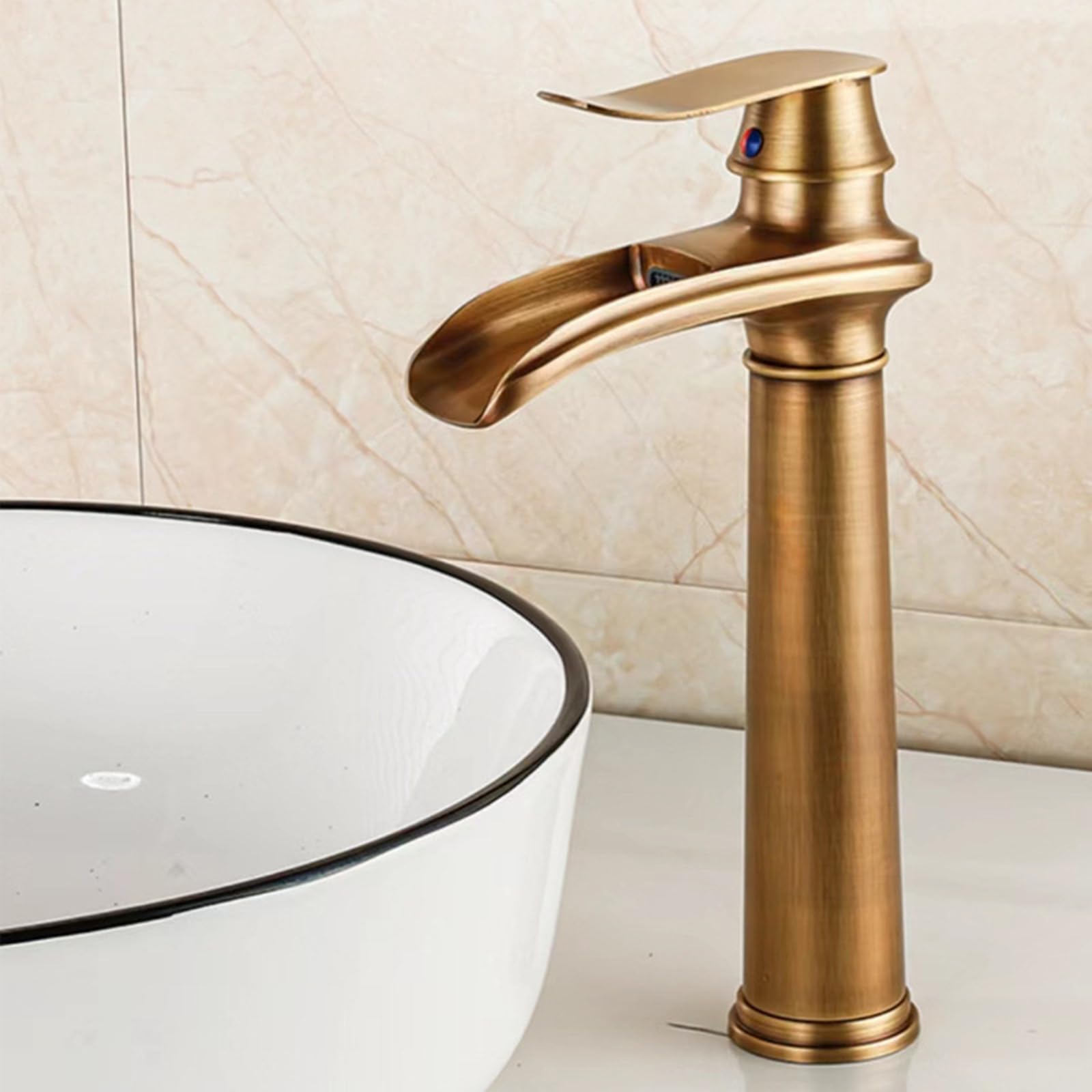 Robinet de Lavabo Cascade,Robinet de Salle de Bain,Mitigeur de Lavabo Antique, Robinetterie de Lavabo en Laiton (Bronze Antique, long)