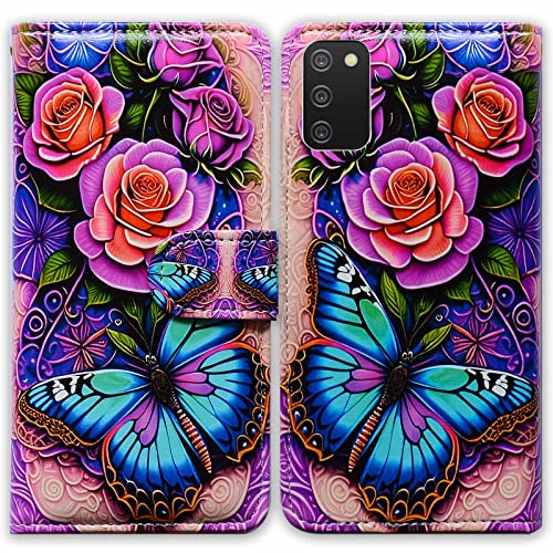 Bcov Case for Galaxy A03S,Blue Butterfly Flowers Rose Leather Flip Phone Case Wallet Cover with Card Slot Holder Kickstand for Samsung Galaxy A03s