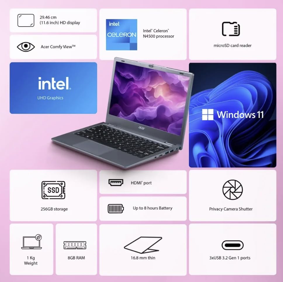 Image of Acer Aspire 3 (2026), Intel Celeron Dual Core N4500 - (8 GB /256 GB SSD /Intel UHD Graphics /Windows 11 Home) Thin and Light Laptop /11.6 inch HD /Steel Grey /1.0 Kg /MS Office 2024