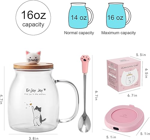 Miniatura 8 de Bsigo Calentador inteligente de tazas de café y lindo juego de tazas de cristal para gato, calentador de bebidas para escritorio y oficina, plato