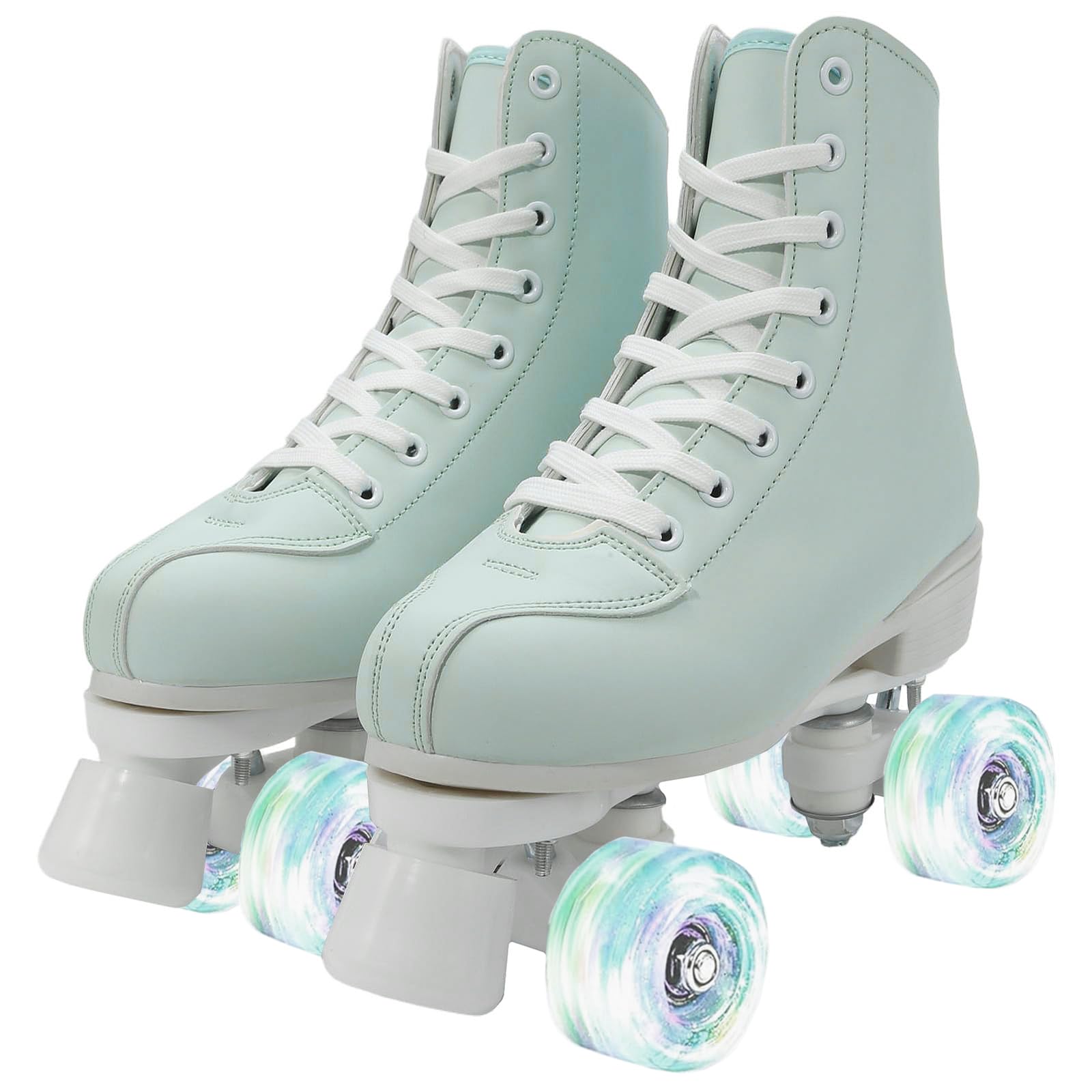 XUDREZ Women Roller Skates Girls Roller Derby Skates Adult Skates Shoes Mint Green Four-Wheel RollerSkates for Beginner Outdoor Indoor (Green and white white flash heel,36)