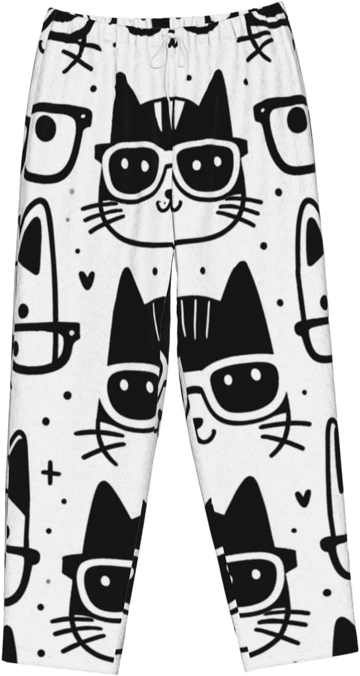 Women'S Hipster-Cat-Pattern Fleece Pajama Pants, Cozy Flannel Lounge Bottoms For Women