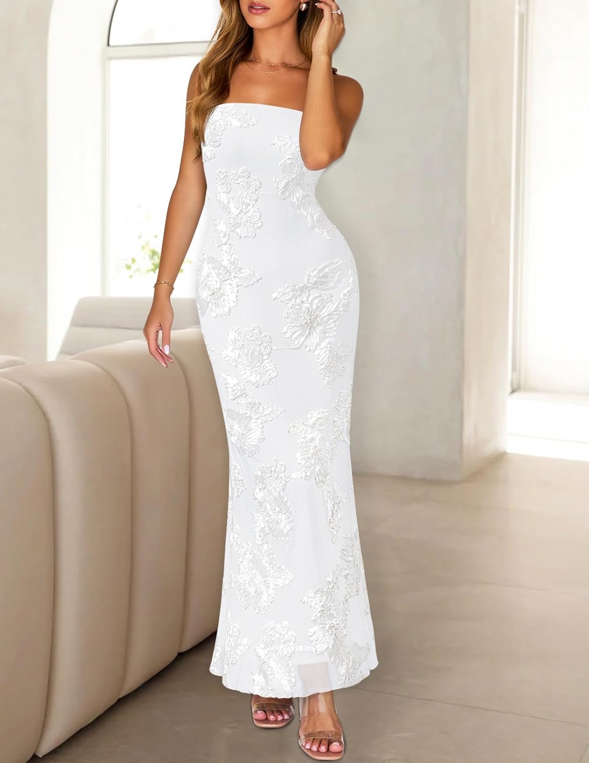 MEROKEETY Women's Floral Strapless Maxi Dress 2026 Summer Mesh Tube Bodycon Formal Wedding Guest Cocktail Party Long Dresses - Image 2