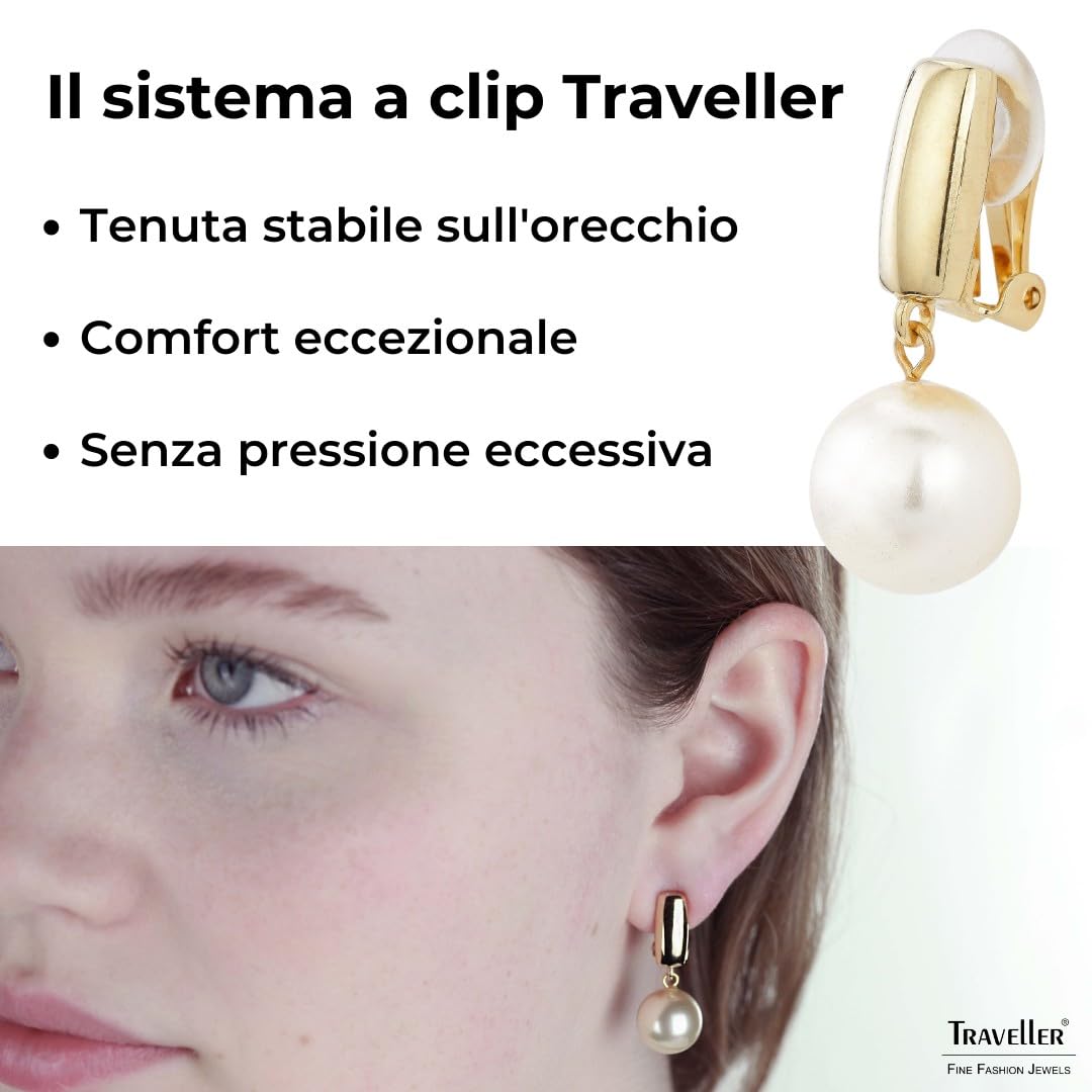 Traveller Orecchini pendenti a clip, da donna, con perla da 12 mm