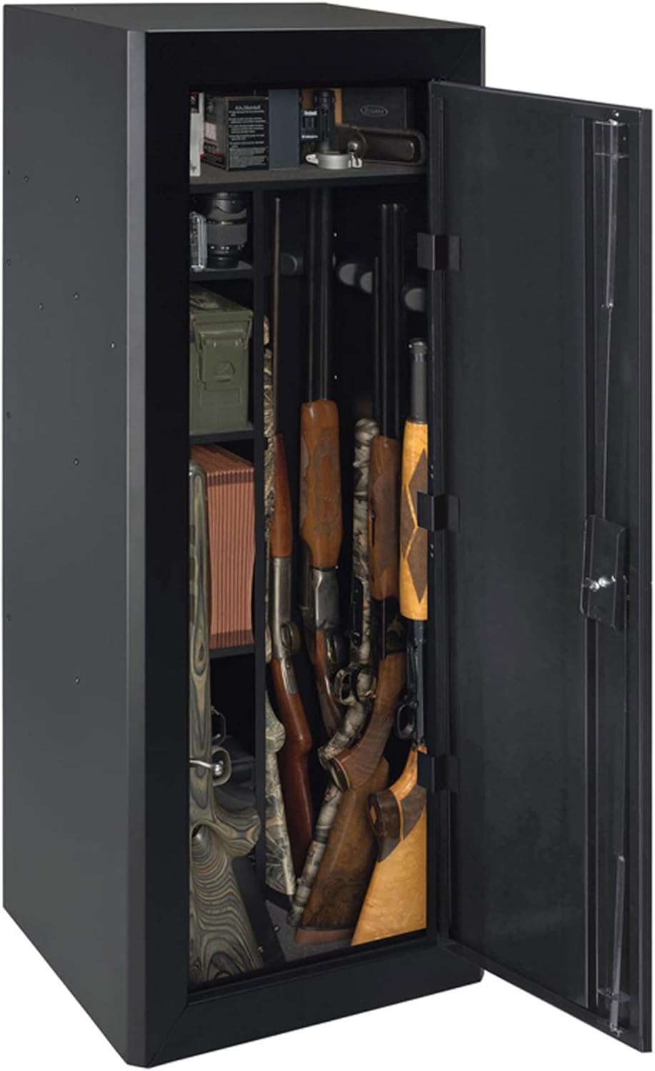 Intern view of Stack-On gun cabinet with firearms and shelves