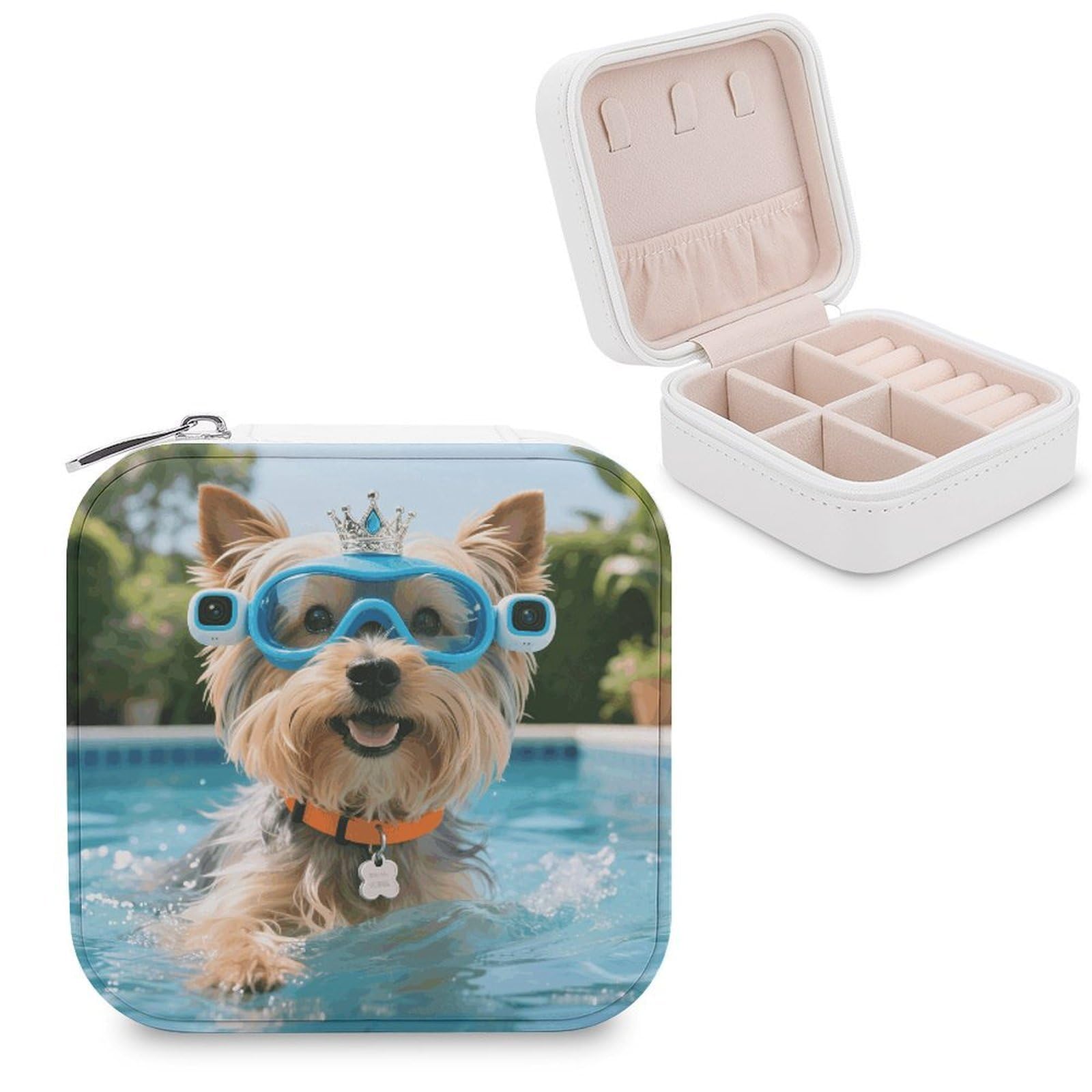 VstaDank Yorkshire Terrier in Pool Jewelry Box for Women Jewelry Organizer Storage Case with Zipper Mini Travel Jewelry Case Cute Trinket Organizer Leather Portable Jewelry Storage Box