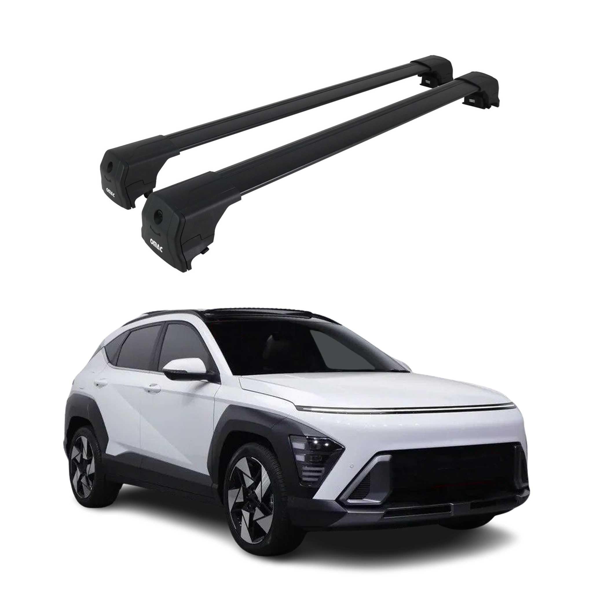 OMAC Barres de Toit en Aluminium pour Hyundai Kona II 2024-2026 – City Crash – ISO/Pas 11154:2006 – Antivol Inclus – Charge Max 75 kg – 2 Barres Noir