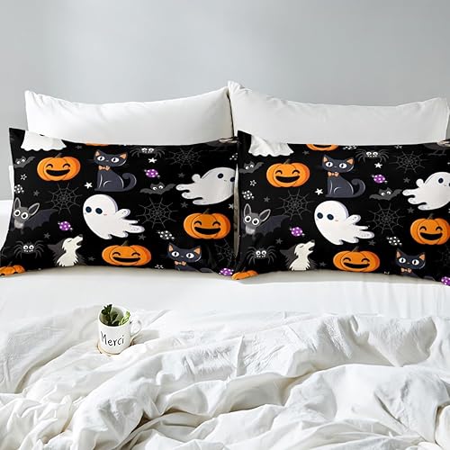 Miniatura 4 de Sábana bajera ajustable de fantasmas de dibujos animados, decoración de calabaza de Halloween, gato negro, lobo, juego de ropa de cama Queen, diseño