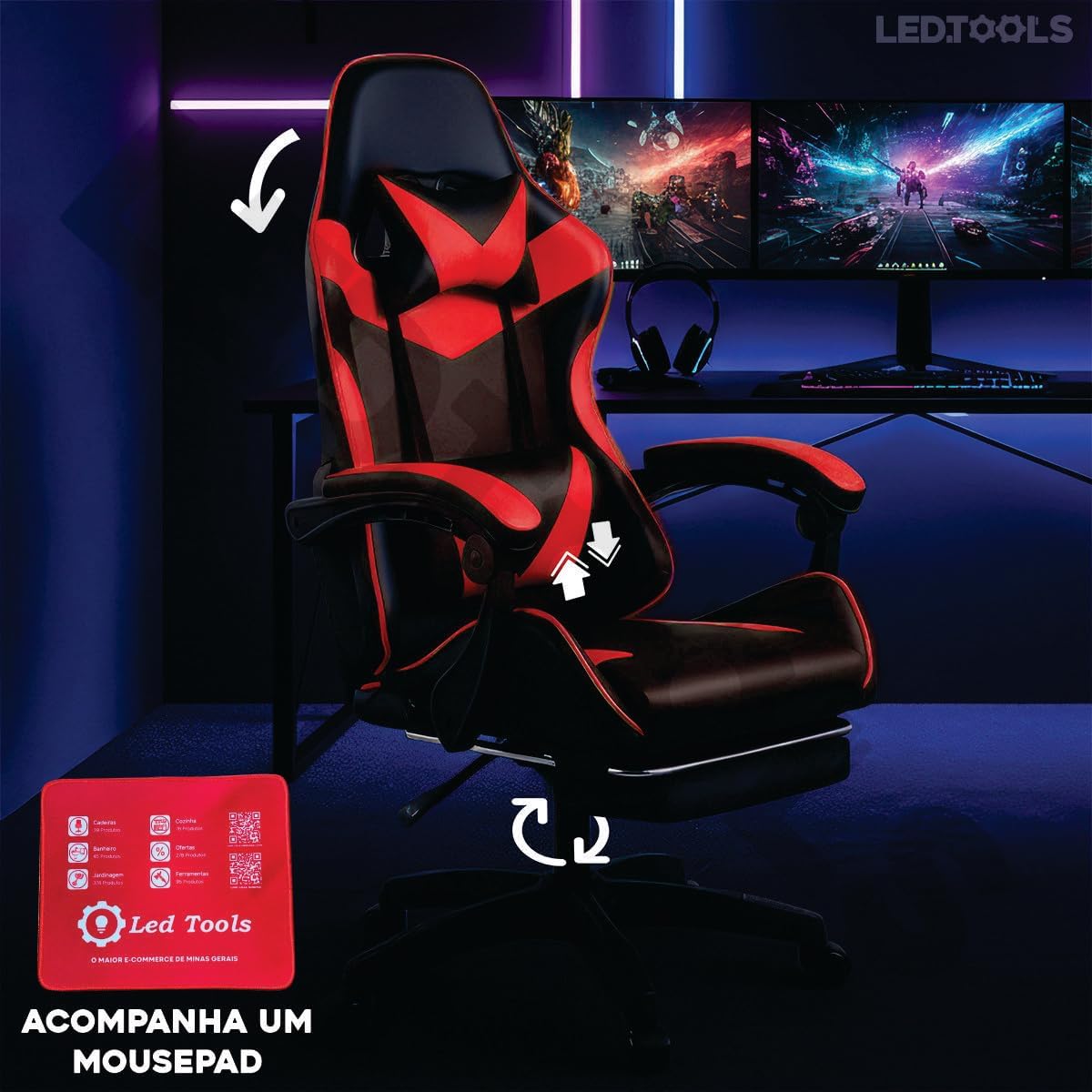 Imagem lateral de uma cadeira em um fundo escuro com iluminação em neon. Imagem lateral de uma cadeira em um fundo escuro com iluminação em neon.