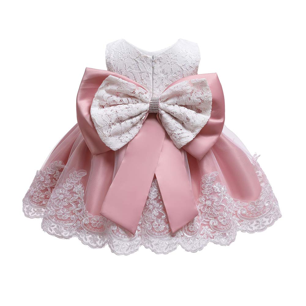 Vestido formal para bebé niña pequeña bordado de encaje con gorro, 0-24 meses, Rosado, 18-24 Months