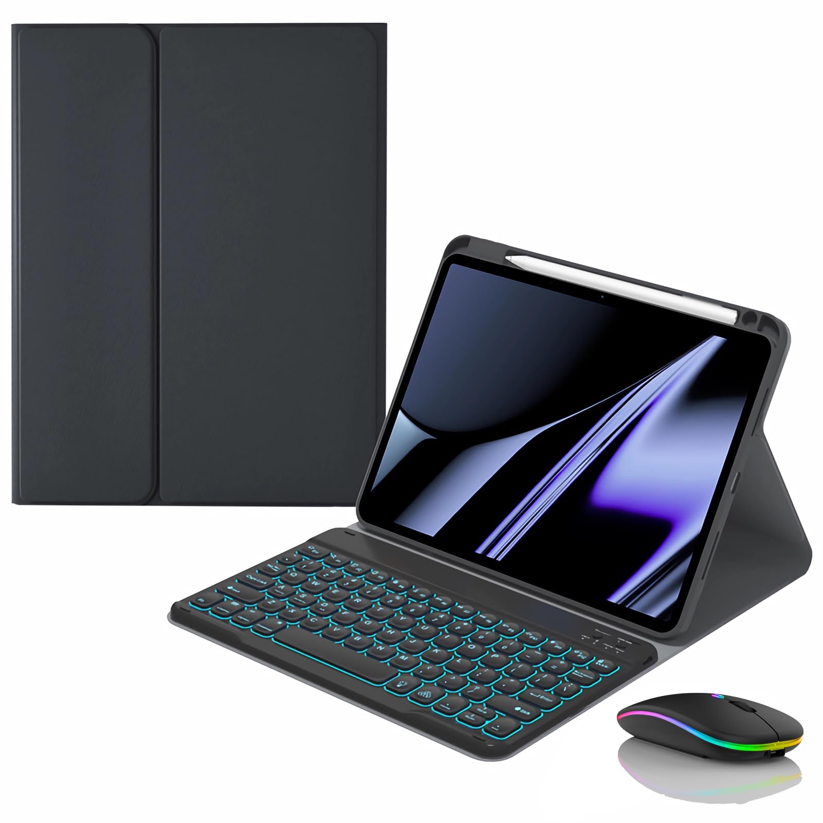 Étui Clavier pour Huawei MatePad 10.4/Honor V6 10.4, Porte-Crayon Intégré, Clavier Rétro-éclairage sans Fil Détachable et Magnétique avec Souris Bluetooth,Noir