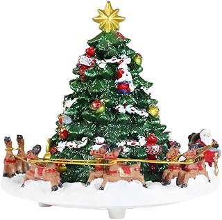 Lightahead Musical Christmas Tree with Rotating Santa Sleigh & Reindeer – Plays Classic Holiday Tunes – Polyresin Music Box Decoration