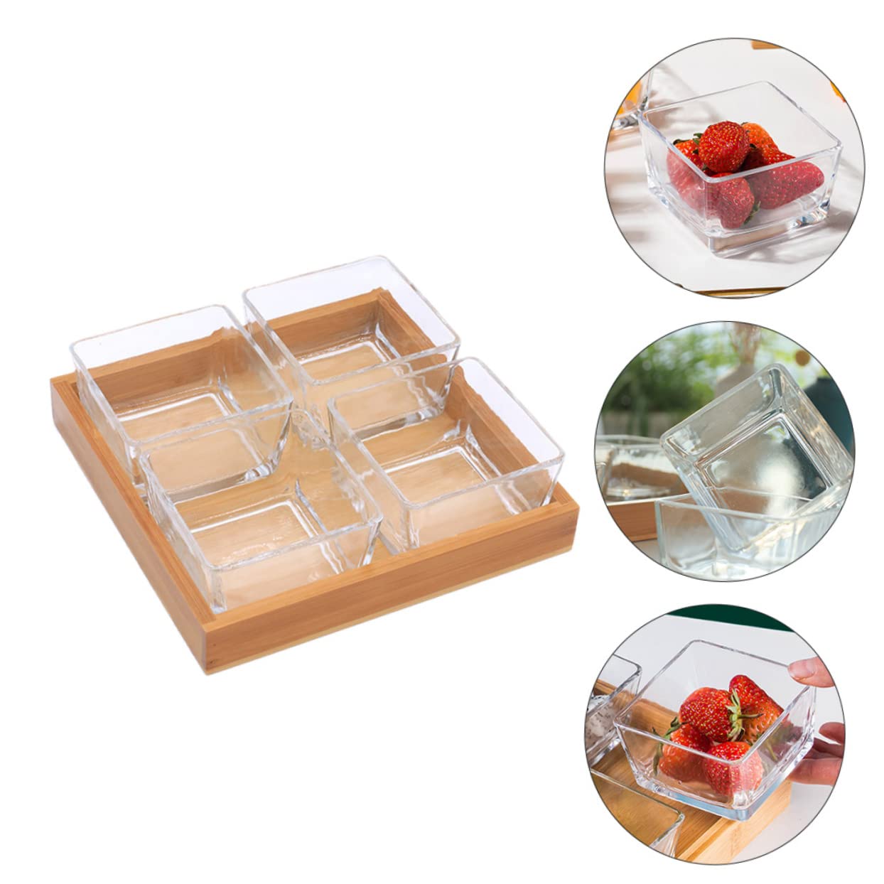 Abaodam Plateau En Verre à 4 Compartiments Transparent Support En Bois, Assiette De Fruits Secs Et Noix, Service Apéritif Pour Maison, Bar, Restaurant, Ensemble De Service Sans Couvercle