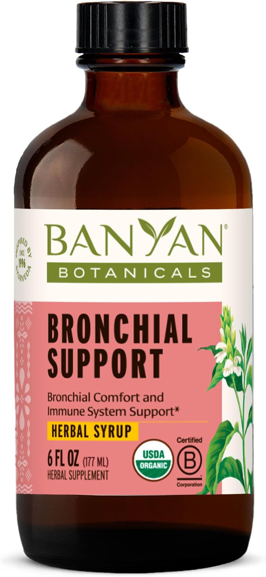Banyan Botanicals Organic Bronchial Support Syrup – Kid-Friendly Chest & Lung Support – Soothing Herbal Cough & Throat Syrup with Tulsi, Licorice & Ginger – Alcohol-Free & Non-GMO – 6oz*