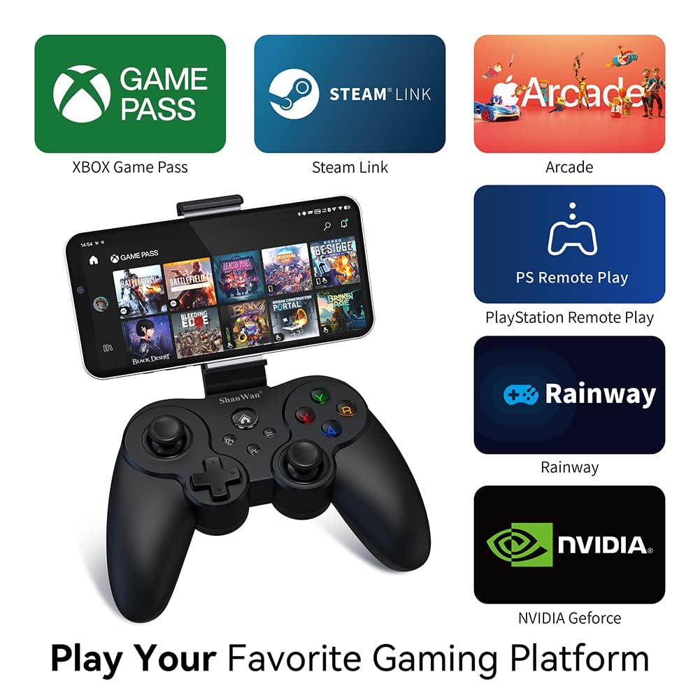 ShanWan Manette Telephone pour Android/iOS, Manette Smartphone avec Support, Manette de Jeu Mobile Bluetooth pour PS Remote Play Xbox Cloud Steam Link GeForce NOW MFi Apple Arcade Games