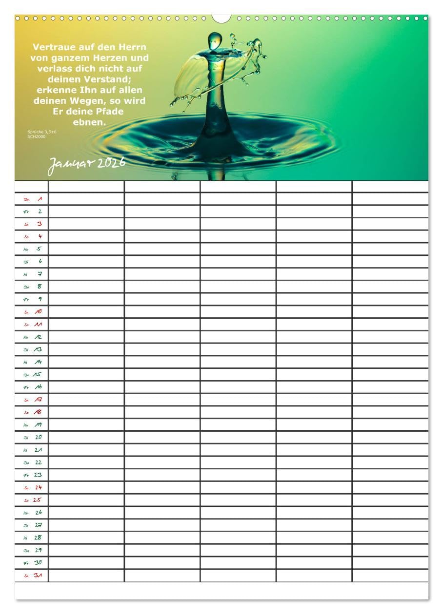 ein Planer mit biblischer Weisheit aus den Sprüchen Salomos (Wandkalender 2026 DIN A2 hoch), CALVENDO Monatskalender: Planer für Kirche, Familie und Firma mit Bibelsprüchen (CALVENDO Glaube)