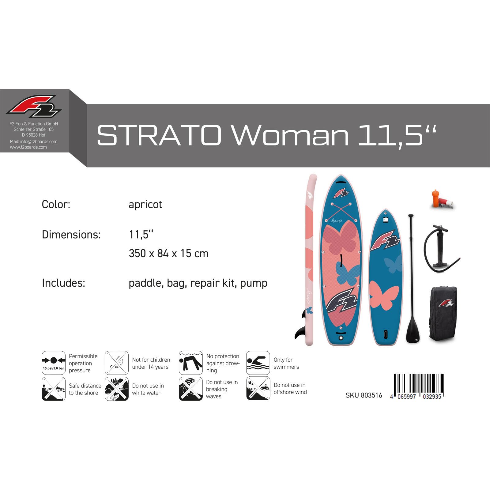 F2 Damen SUP Stand Up Paddle Board Strato Ltd. Edition Größe wählbar Apricot