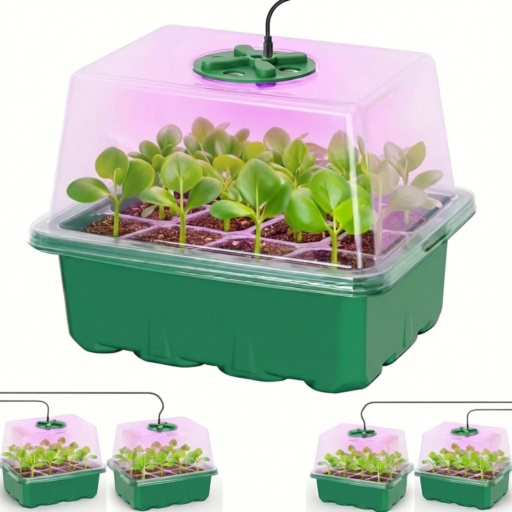 NACNO Seed Starter Kit with Grow Light, Elevated Seedling Tray Kit with Adjustable Humidity Dome and Clear Cell Tray, 12 Full Spectrum Led Beads for