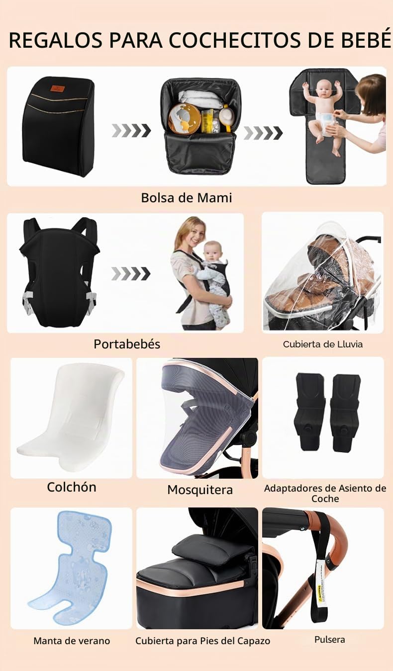 Nine point nine Cuero PU Carrito Bebe 3 en 1, Carricoche Bebe 3 Piezas con Capazo Cómodo, Carro bebé 3 Piezas Empuje Bidireccional Reversible, Cochecito bebé Marco Aleación Aluminio (L518 Black)