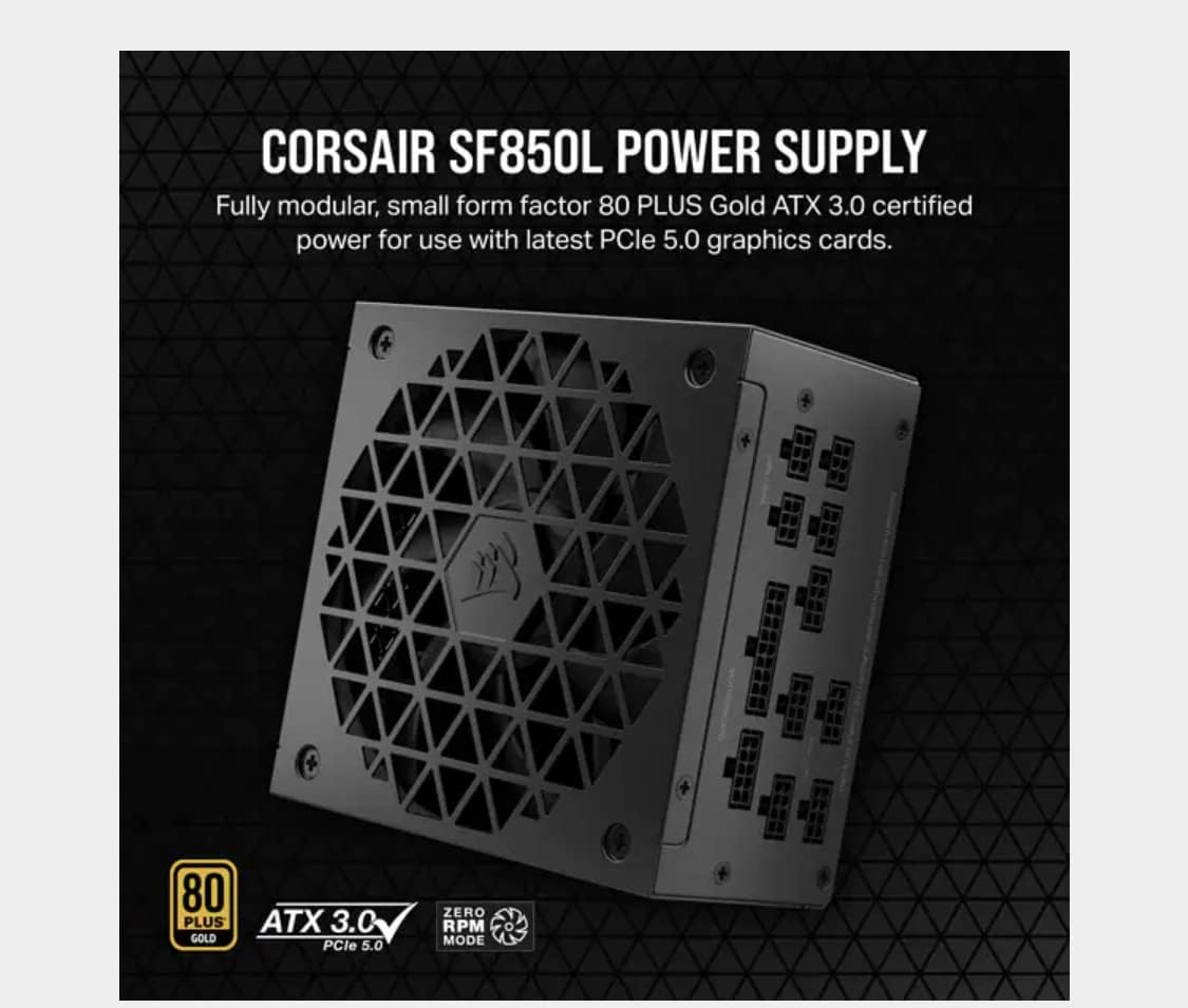 Corsair Alimentatore SFX Corsair SF850L a basso rumore completamente modulare - Conforme ATX 3.0 e PCIe 5.0 - Ventola PWM silenziosa da 120 mm - Efficienza 80 PLUS Gold - Modalità Zero RPM - Condensat