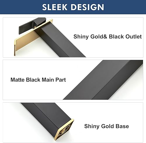 Miniatura 3 de Borlon Grifo de baño alto en cascada para 1 agujero, grifo de baño de una sola manija negro y dorado para fregadero de recipiente, moderno grifo de