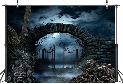Miniatura 8 de AIIKES Telón de fondo de fotografía de Halloween de 7x5 pies para Halloween, noche, cementerio, horror, noche, cerca, puerta de hierro, cráneo,