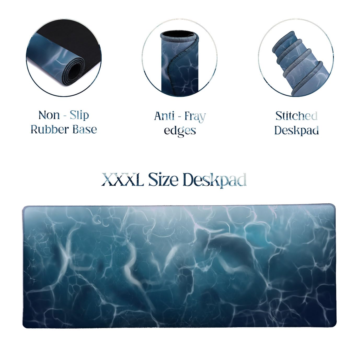 SoulAbiti Deep Blue Ocean Caustics Extended Desk Pad (36x14 Inch) - Wanderlust Calm Series XXL Mouse Pad - Non-Slip Rubber Base & Stitched Edges 2
