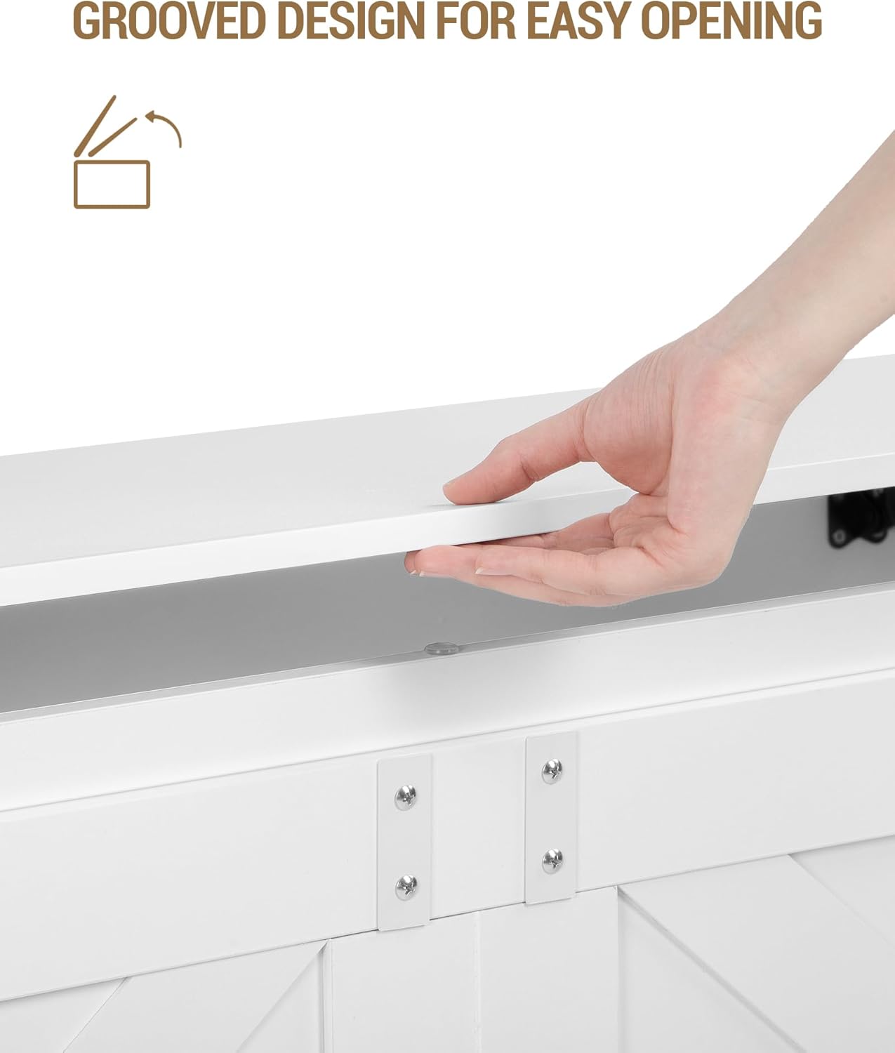 Close-up of a hand lifting the lid of the storage chest, highlighting the grooved design for easy opening.