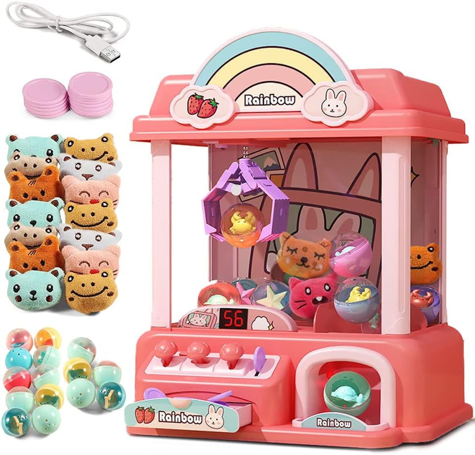 Claw Machine for Kids, Mini Vending Machines Arcade Candy Capsule Claw Game Prizes Toy, Electronic Small Pink Toys for Home, Adjustable Sounds and Music, Gifts for Adults Girls