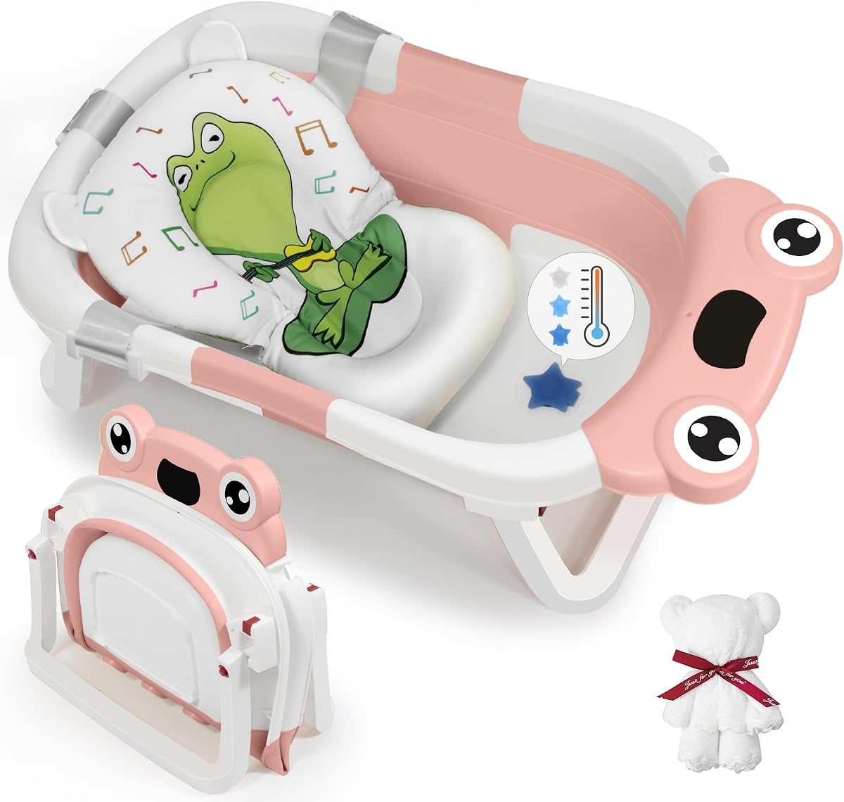 DEANIC Collapsible Baby Bathtub with Baby Washcloth, Portable Infant Bathtub with Soft Baby Bath Support Cushion for 0-3-6-12 Month Newborns, Foldable Baby Bath Tub for Indoor, Travel (Pink)